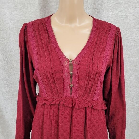 Coco + Jaimeson Maroon Pintuck Lace Detail Long Sleeve Boho Midi Dress - Picture 2 of 13
